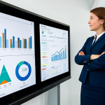 A professional female marketer, fully clothed in a modest business suit and professional dress, stands confidently, actively presenting her digital marketing portfolio on a large, transparent interactive screen in a modern, high-tech startup office. The screen vibrantly displays clear data visualizations, engaging charts, and key performance indicators (KPIs) showcasing growth curves and conversion rates. Her natural pose conveys dynamism and expertise, capturing immediate attention. The background features a clean, well-lit, and organized collaborative workspace. This image is safe for work, appropriate content, perfect anatomy, correct proportions, natural body proportions, well-formed hands, proper finger count, professional photography, high quality, and family-friendly.