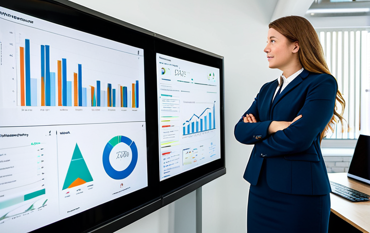 A professional female marketer, fully clothed in a modest business suit and professional dress, stands confidently, actively presenting her digital marketing portfolio on a large, transparent interactive screen in a modern, high-tech startup office. The screen vibrantly displays clear data visualizations, engaging charts, and key performance indicators (KPIs) showcasing growth curves and conversion rates. Her natural pose conveys dynamism and expertise, capturing immediate attention. The background features a clean, well-lit, and organized collaborative workspace. This image is safe for work, appropriate content, perfect anatomy, correct proportions, natural body proportions, well-formed hands, proper finger count, professional photography, high quality, and family-friendly.