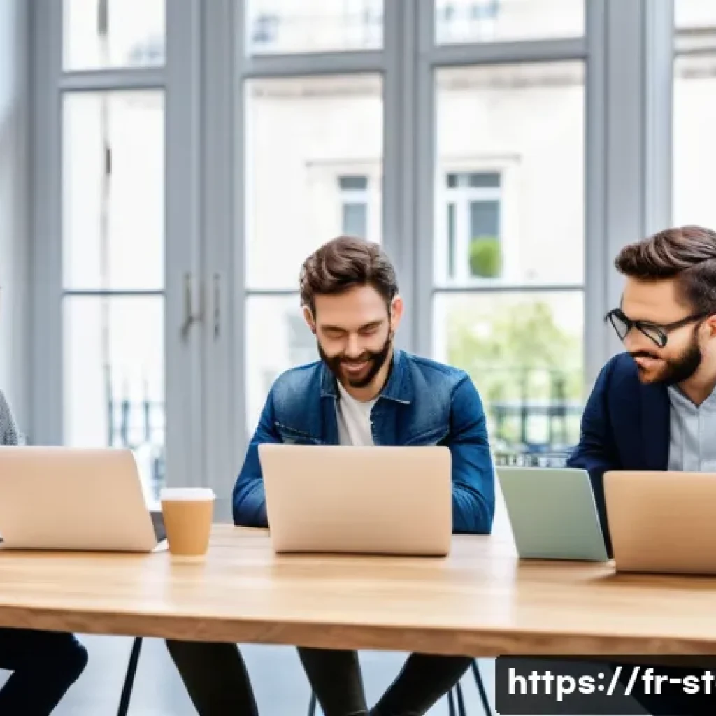 스타트업 마케팅 실습 자료 - A modern startup team in a bright, stylish Parisian co-working space, engaged in an active brainstor...