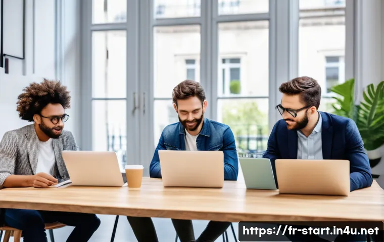 스타트업 마케팅 실습 자료 - A modern startup team in a bright, stylish Parisian co-working space, engaged in an active brainstor...