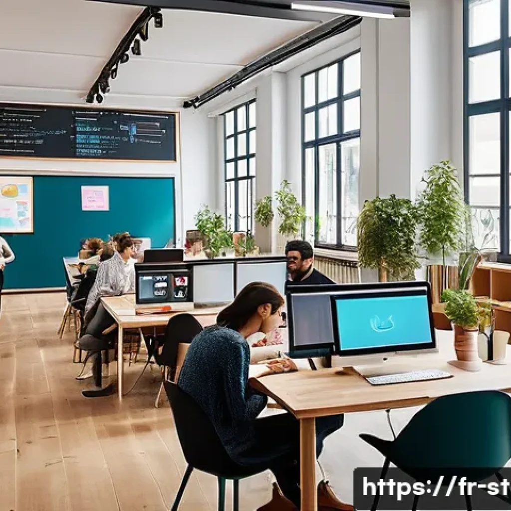 스타트업 마케팅 경력 개발 - A modern startup office environment in Paris, featuring a diverse team of young professionals collab...