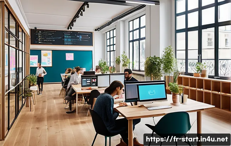스타트업 마케팅 경력 개발 - A modern startup office environment in Paris, featuring a diverse team of young professionals collab...