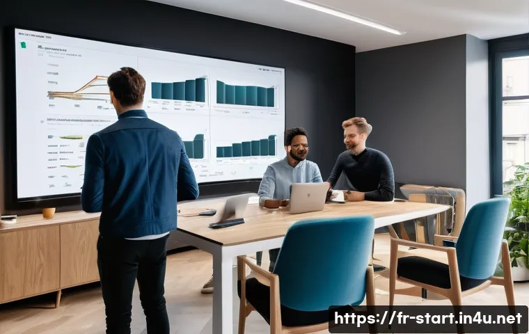 스타트업 마케팅 직무 분석 - A modern startup office scene in Paris, showing a diverse team of young professionals collaborating ...