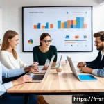 스타트업 마케팅 학습 자료 - A modern French startup office scene with diverse young professionals collaborating around a sleek t...