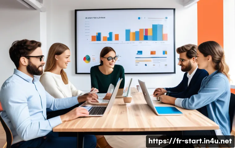 스타트업 마케팅 학습 자료 - A modern French startup office scene with diverse young professionals collaborating around a sleek t...