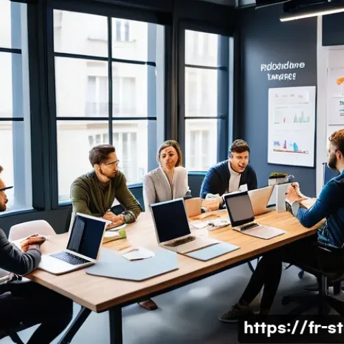 스타트업 마케팅과 팀 리더십 - A modern startup office scene in Paris, featuring a diverse team of young professionals engaged in a...