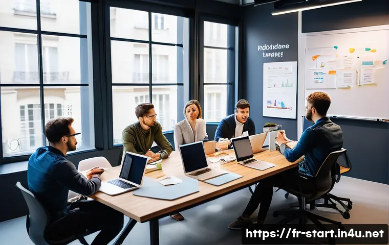 스타트업 마케팅과 팀 리더십 - A modern startup office scene in Paris, featuring a diverse team of young professionals engaged in a...