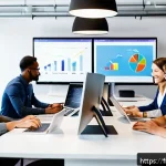 스타트업 마케팅 자격 취득 과정 - A modern startup office scene featuring a diverse team of young professionals collaborating on digit...