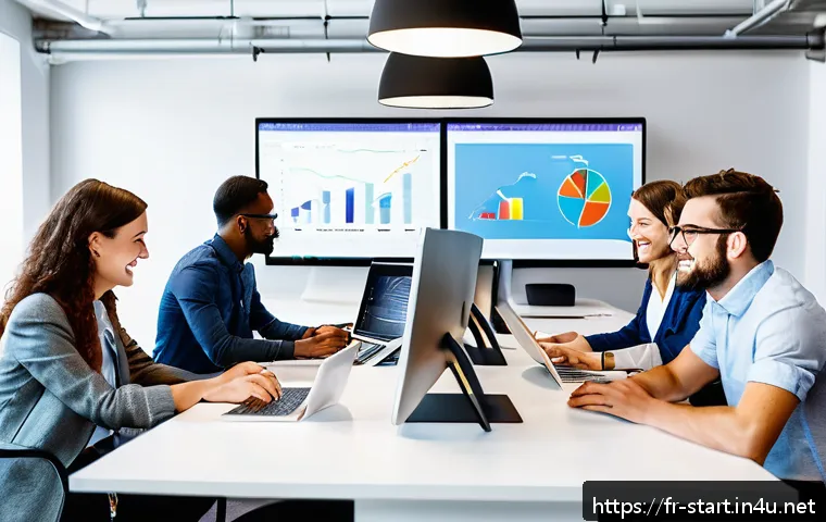 스타트업 마케팅 자격 취득 과정 - A modern startup office scene featuring a diverse team of young professionals collaborating on digit...