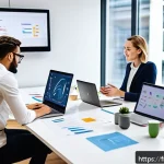 스타트업 마케팅 이직을 위한 준비 - A modern startup office environment showcasing a small, agile team collaborating energetically aroun...