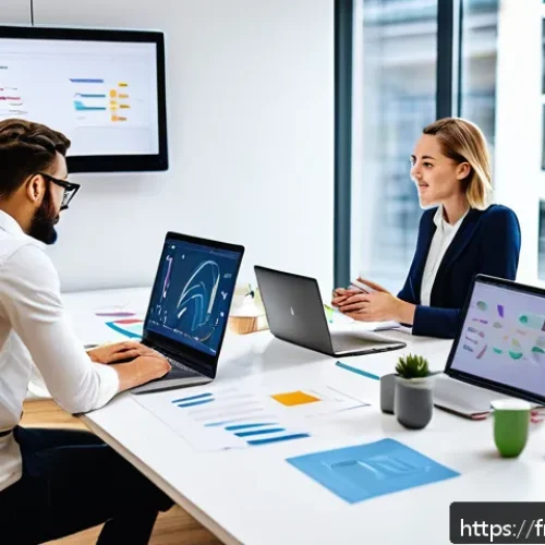 스타트업 마케팅 이직을 위한 준비 - A modern startup office environment showcasing a small, agile team collaborating energetically aroun...