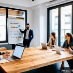 스타트업 마케팅 자격증 난이도 - A modern French startup office setting with a diverse team of young professionals collaborating arou...