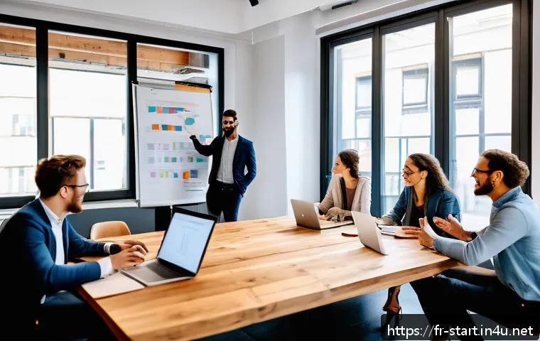 스타트업 마케팅 자격증 난이도 - A modern French startup office setting with a diverse team of young professionals collaborating arou...