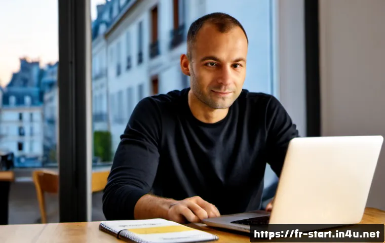 Home 30 스타트업 마케팅 자격 취득 절차 - Photorealistic French startup founder in a bright Paris coworking space, seated at a clean desk comp...